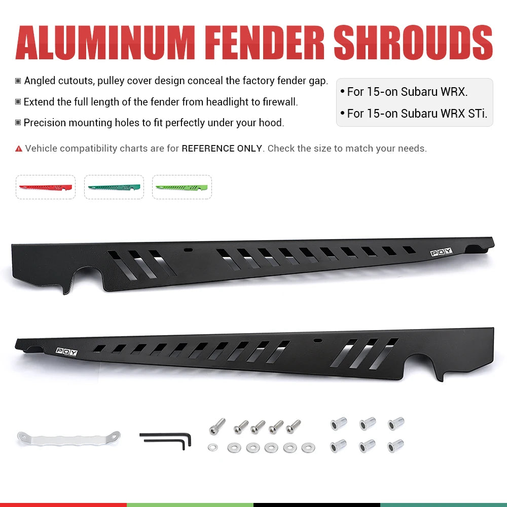 Fender Shrouds Kit Aluminum Black (Red/Green/Deep Green) Panel Plate Engine Bay w/ Hardware For 15-on Subaru WRX & STi WX-CCR04